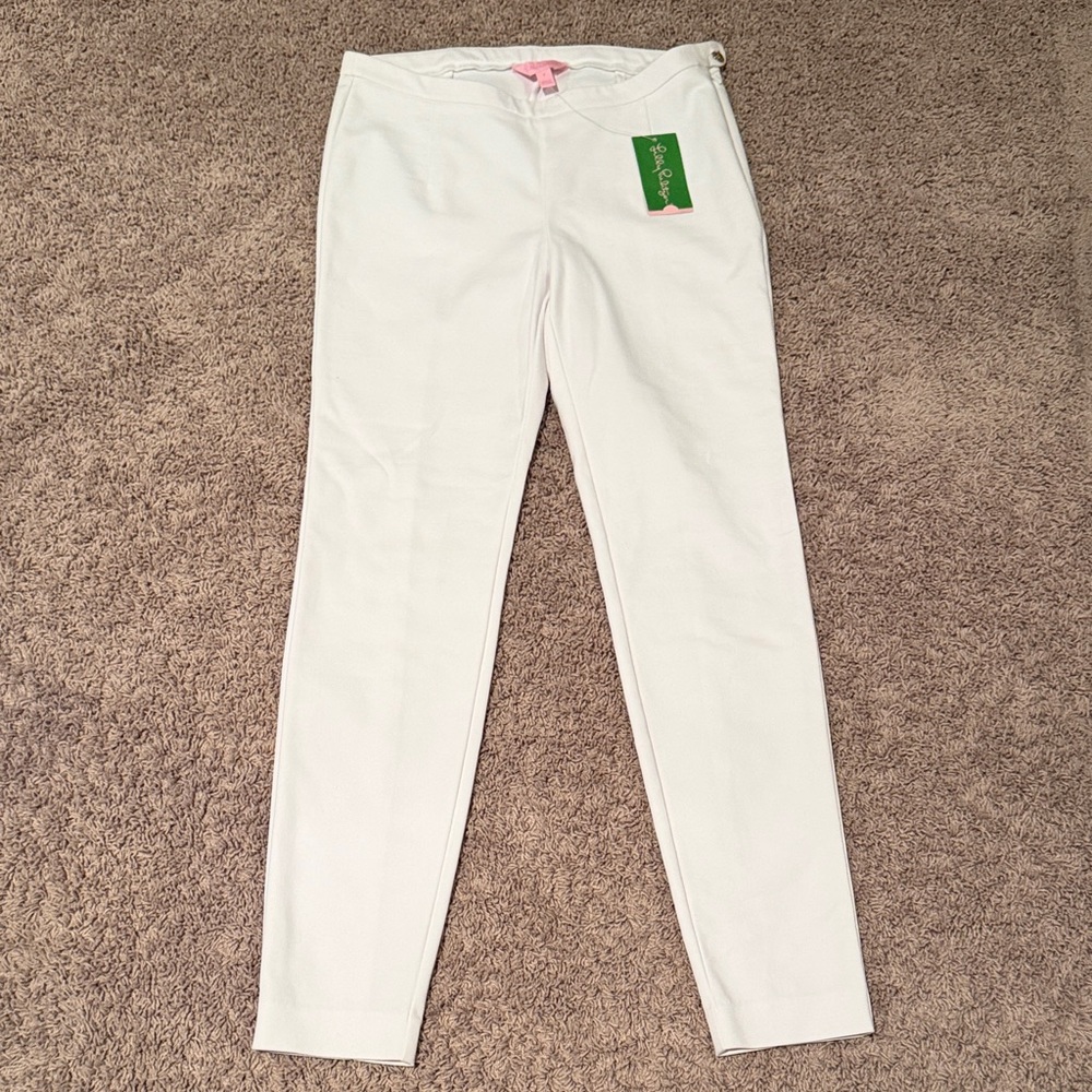 Lilly Pulitzer Alessia stretch dimmer pants resort white side zip gold button
